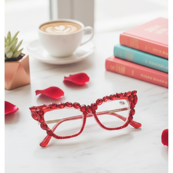 Accessories - Women's Bling Cat Eye Readers Red Rhinestones AB Reading Glasses Black +1.50
